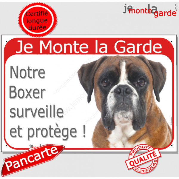 Boxer Fauve Tête, plaque portail rouge "Je Monte la Garde, surveille et protège" pancarte attention au chien panneau photo