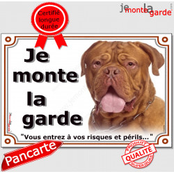 Dogue de Bordeaux face Rouge, plaque portail "Je Monte la Garde, risques et périls" panneau pancarte attention au chien photo