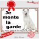 Berger Blanc Suisse Assis, Plaque portail "Je Monte la Garde, risques périls" panneau affiche pancarte attention au chien