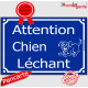 Pancarte portail drôle bleue "Attention, chien Léchant" horizontale plaque humour panneau