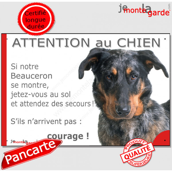 Beauceron Arlequin Tête, plaque portail humour "Attention au Chien, Jetez Vous au Sol" Berger Beauce bleu merle pancarte photo