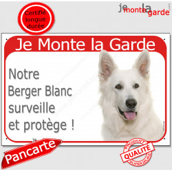 Berger Blanc Suisse tête, plaque portail rouge "Je Monte la Garde, surveille protège" pancarte panneau attention au chien photo